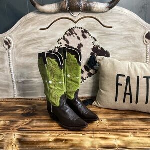 Nocona Leather Moka Chocolate & Bombay Green Goatskin, Snip Toe Cowgirl Boots.